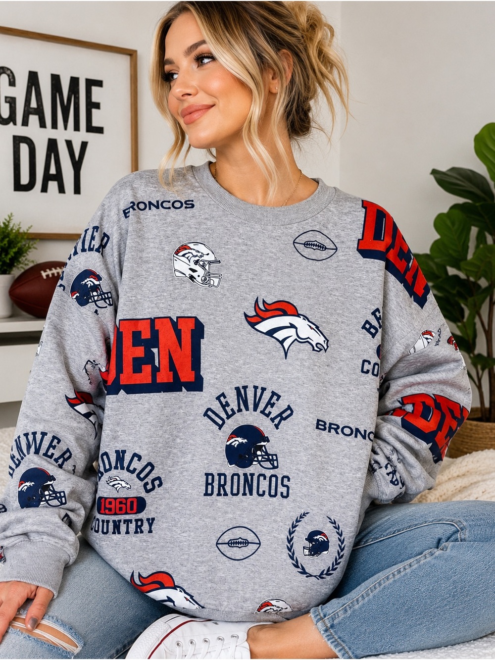 Denver Broncos All Over Print Pullover Sweatshirt Womens XL NFL Gameday Couture